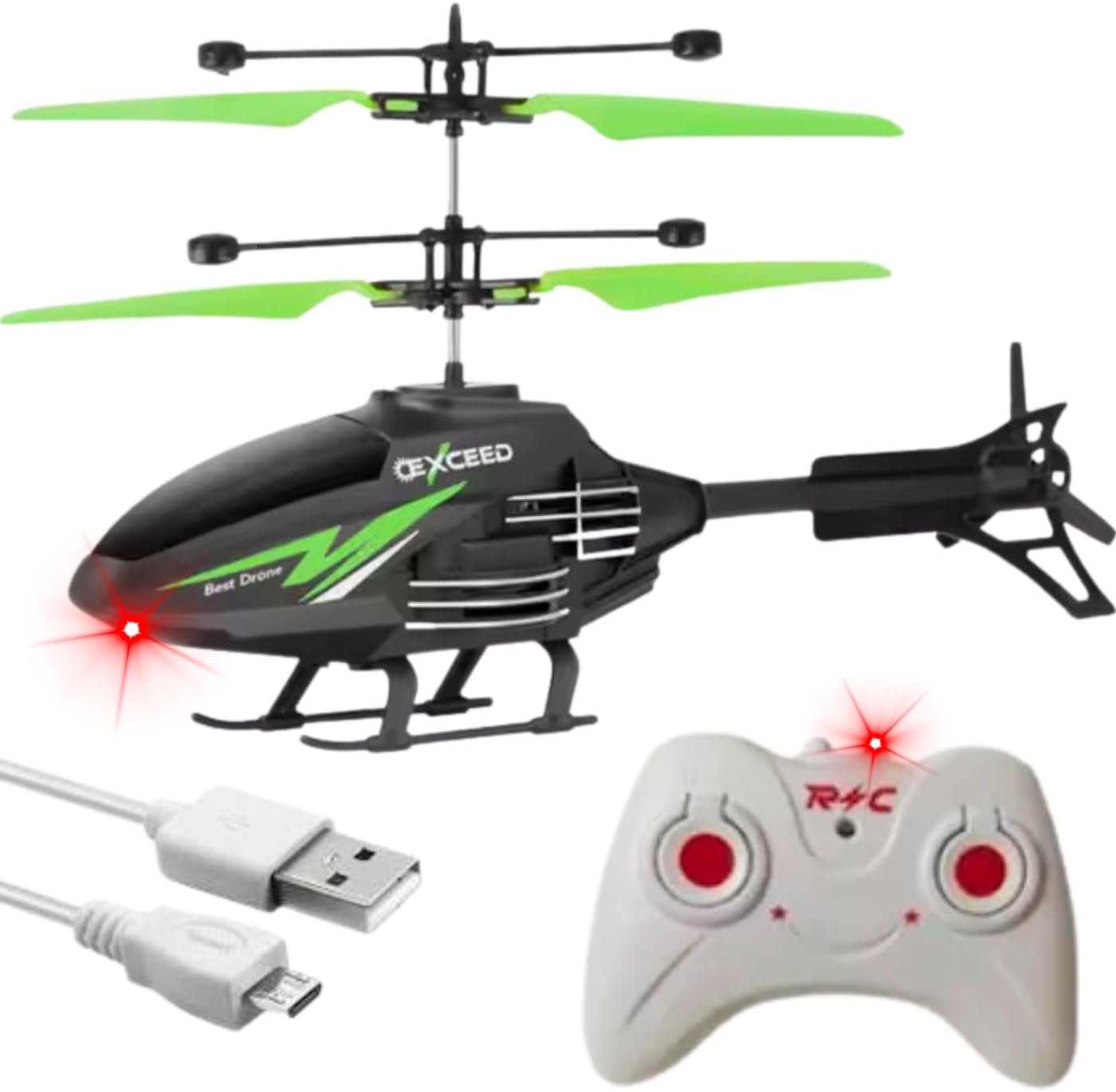 KIDZYMON Outdoor and Indoor Flying Helicopter with Hand Induction Watch | Electronic Radio RC Remote Control Toy | Charging Helicopter with 3D Light & Safety Sensor for Kids - Pack of 1 - Green Col