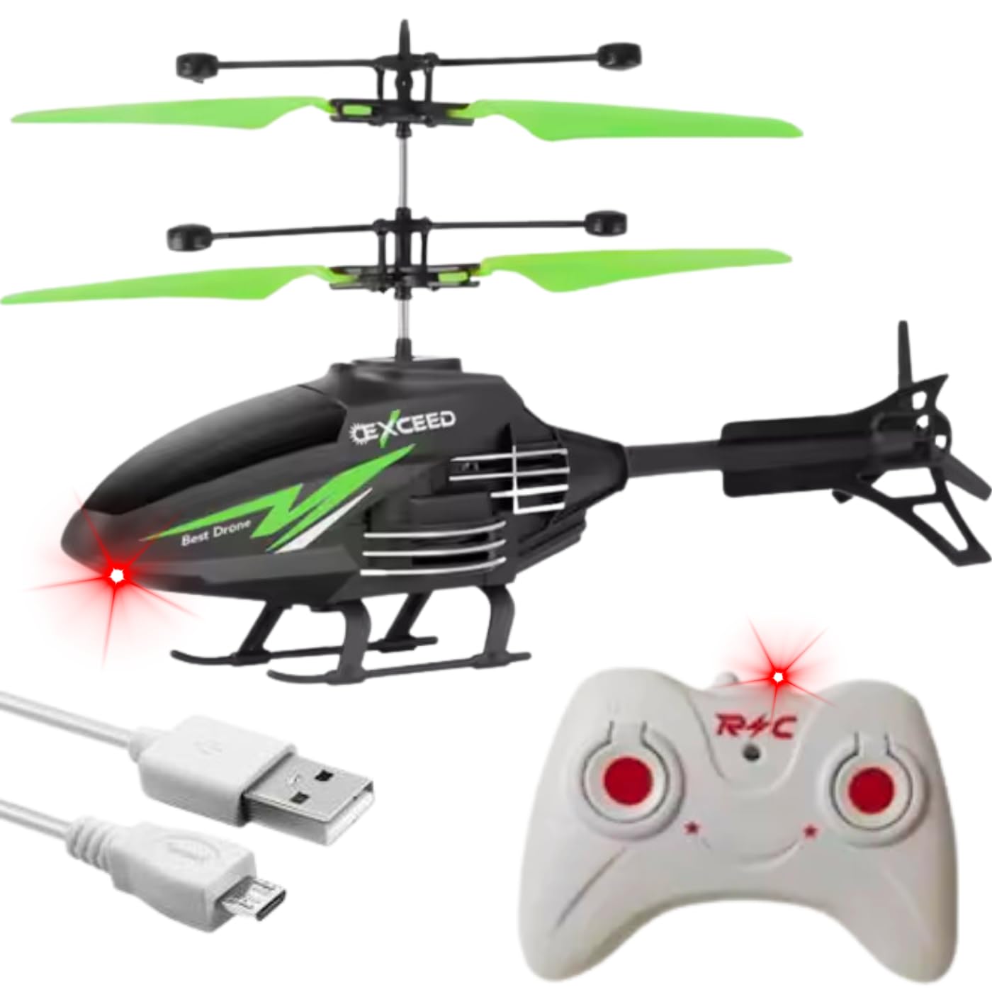 KIDZYMON Outdoor and Indoor Flying Helicopter with Hand Induction Watch | Electronic Radio RC Remote Control Toy | Charging Helicopter with 3D Light & Safety Sensor for Kids - Pack of 1 - Green Col
