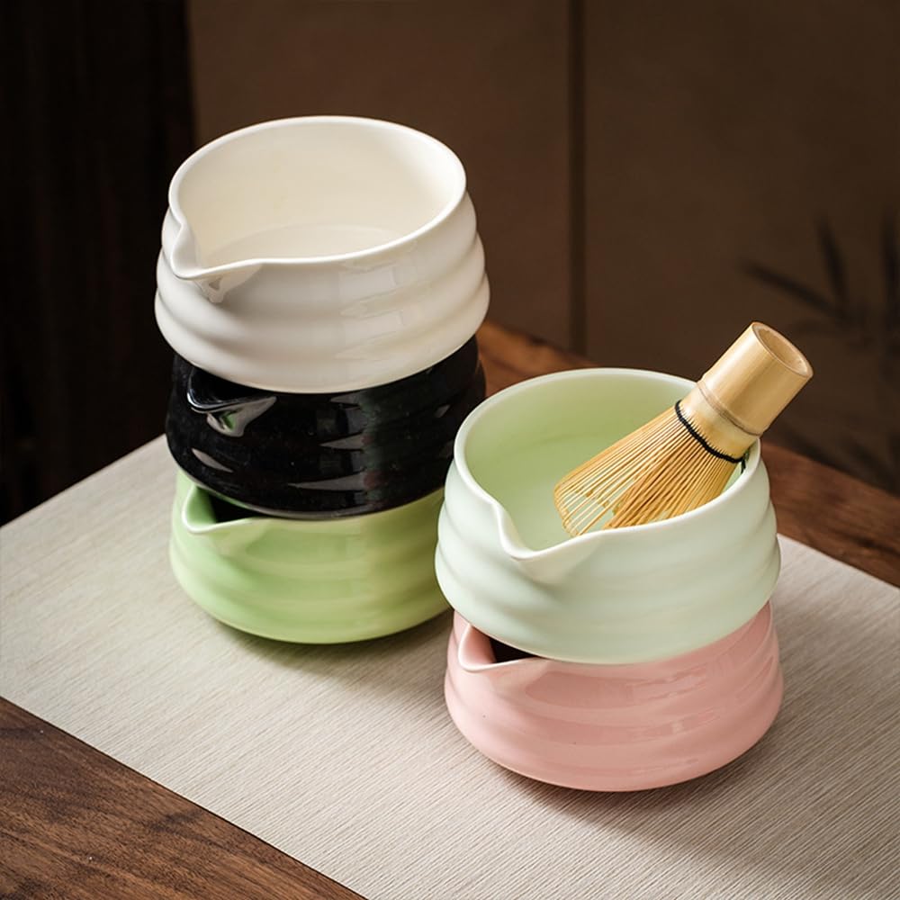Porcelana glazurowana miska do matcha z wylewką, tradycyjna, ręcznie robiona, w paski, japońska miska do mieszania herbaty matcha z pudełkiem upominkowym