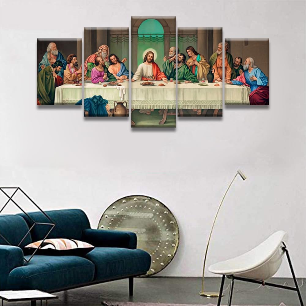 LSIUHWUWI 5 Piece Last Supper Wall Art for Living Room Wall Decor Prints Canvas Poster Christ Religious Painting with Frame Modern Artwork Jesus Christian Pictures Bedroom Decoration Ready to Hang