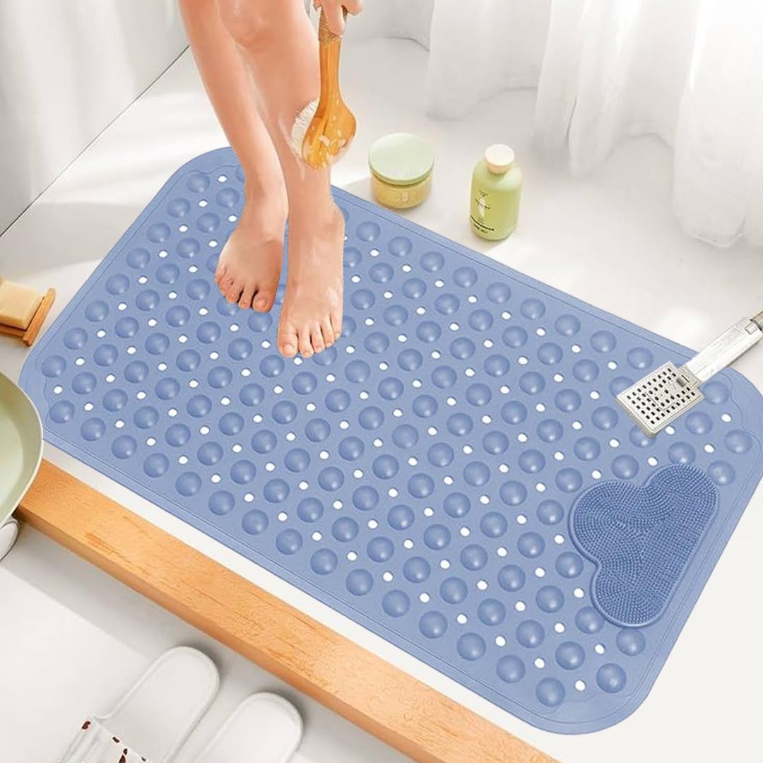 Blue Shower Mat with Foot Massager - 90x60 cm Bath Mat Non Slip Anti Mould & Mildew with Strong Suction Cups and Drain Holes - Soft PVC Bathroom Mat, Quick Dry & Machine Washable