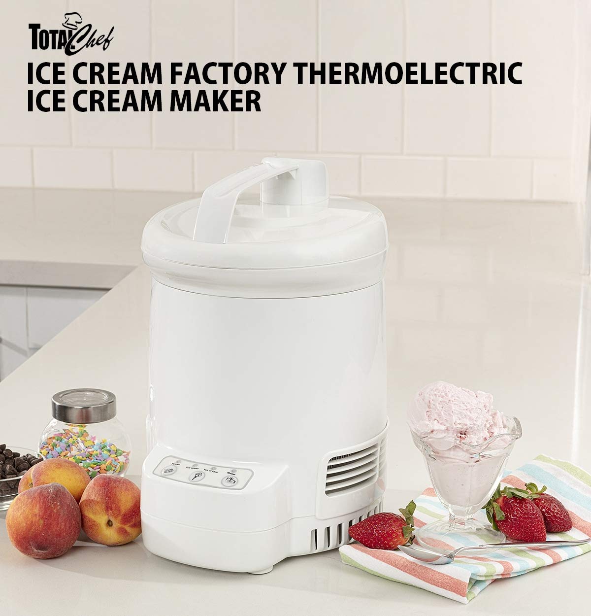 Total Chef Ice Cream Maker Factory Automatic & Electric 1.3 Quart (1.2L) White Make Easy Homemade Frozen Yogurt Sorbet Gelato with Fresh Ingredients No Salt or Pre-Freezing Needed