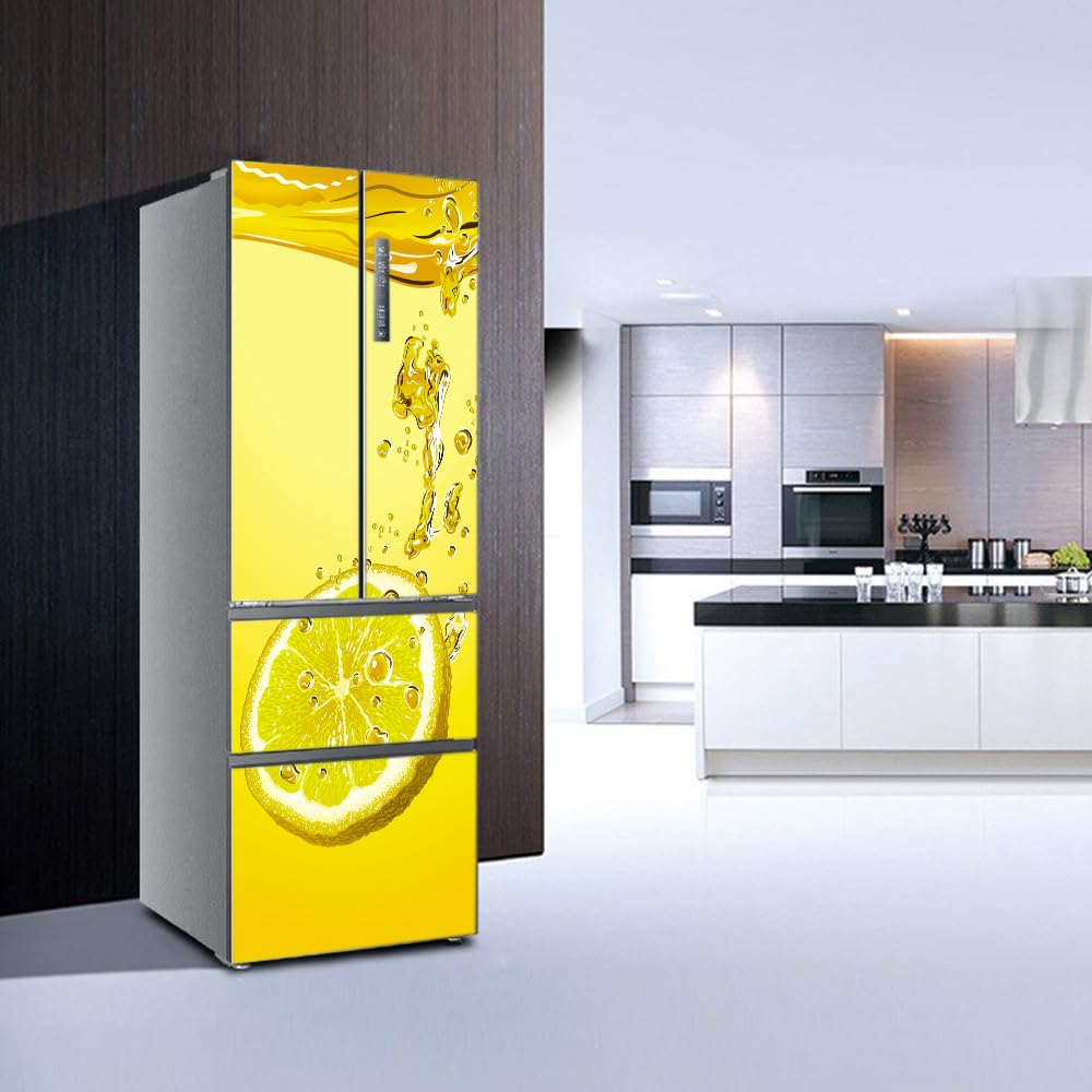 Adesivi per frigorifero decorativi 3d, adesivo per frigorifero che copre completamente la porta del frigorifero copre adesivi murali per decalcomanie da cucina, limone giallo fresco
