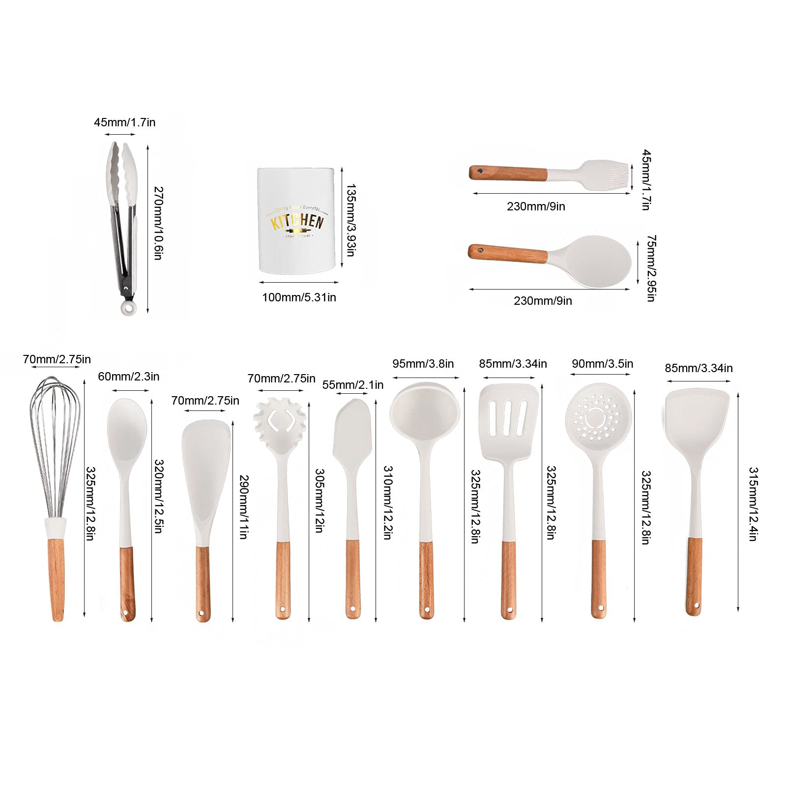 Kochutensilien, Silikon-Kochutensilien-Set, 12-teiliges Antihaft-Silikon-Küchenutensilien-Set mit Halter, Holzgriff, Silikon-Küchenhelfer-Utensil-Set für Antihaft-Kochgeschirr, Pfannenwender-Set