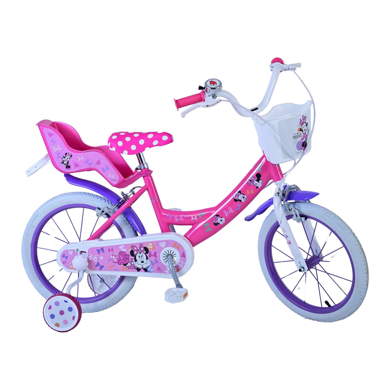 bicicletta da 16 pollici di minnie, con stabilizzatori laterali, portabambole, cestino anteriore personalizzato. Made in Italy