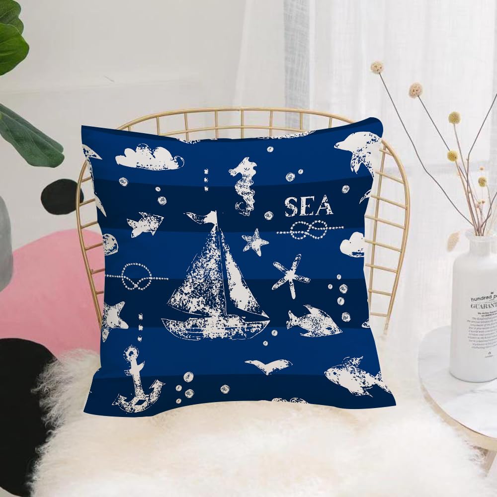 HYMSXW Cushion Cover,Throw Pillow Case Home Decorative for Living Room Bedroom Sofa Chair 20X20 Inch,Marine pattern with blue striped background decorated with white boat, stars an,Pillowcase 50X50cm