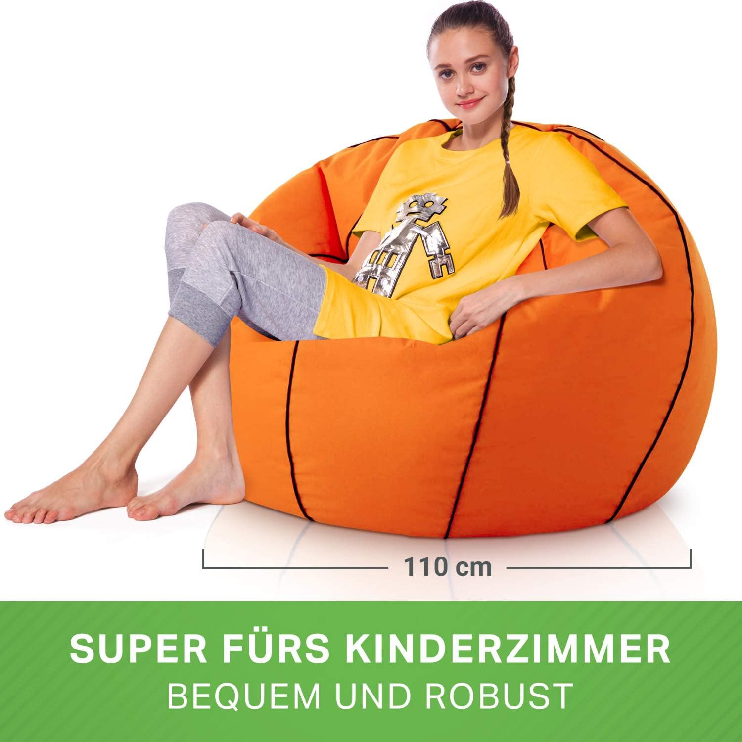 Green Bean© Basketball - Poltrona a sacco già riempita con 300 lt Perle EPS - bambini e adulti 110cm Cuscino gigante per sdraiarsi sedersi Sedia Lounge Poltrona per gaming Rivestimento Lavabile Bianco