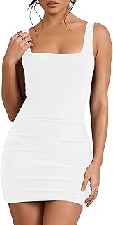 Women's Sexy Ruched Bodycon Tank Dress Square Neck Sleeveless Short Mini Club Party Dresses - Buy now