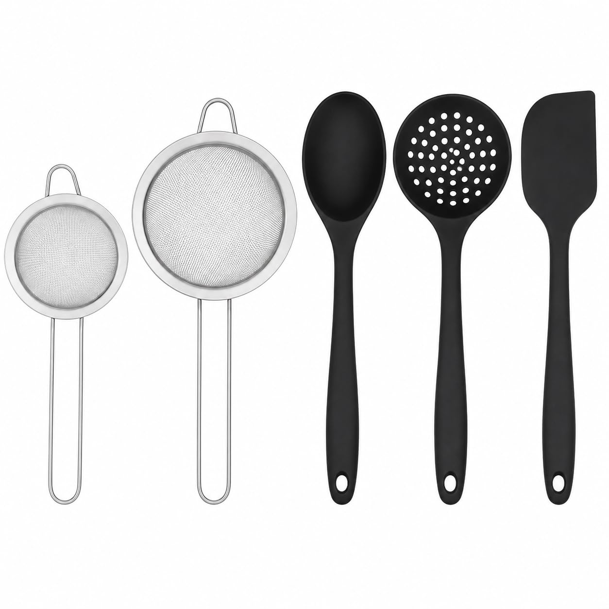 Kit Cozinha Completa 5 Peças Preto com 2 Peneiras Inox 10 e 12 cm + Colher de Arroz,