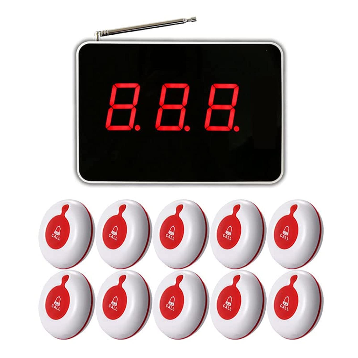 Wireless Calling System Customer Paging System for Restaurant Clinic Hospital Nursing Home Church Office Cafe Shop 1 Display Receiver and 10 Waterproof Call Button (white-red call button)