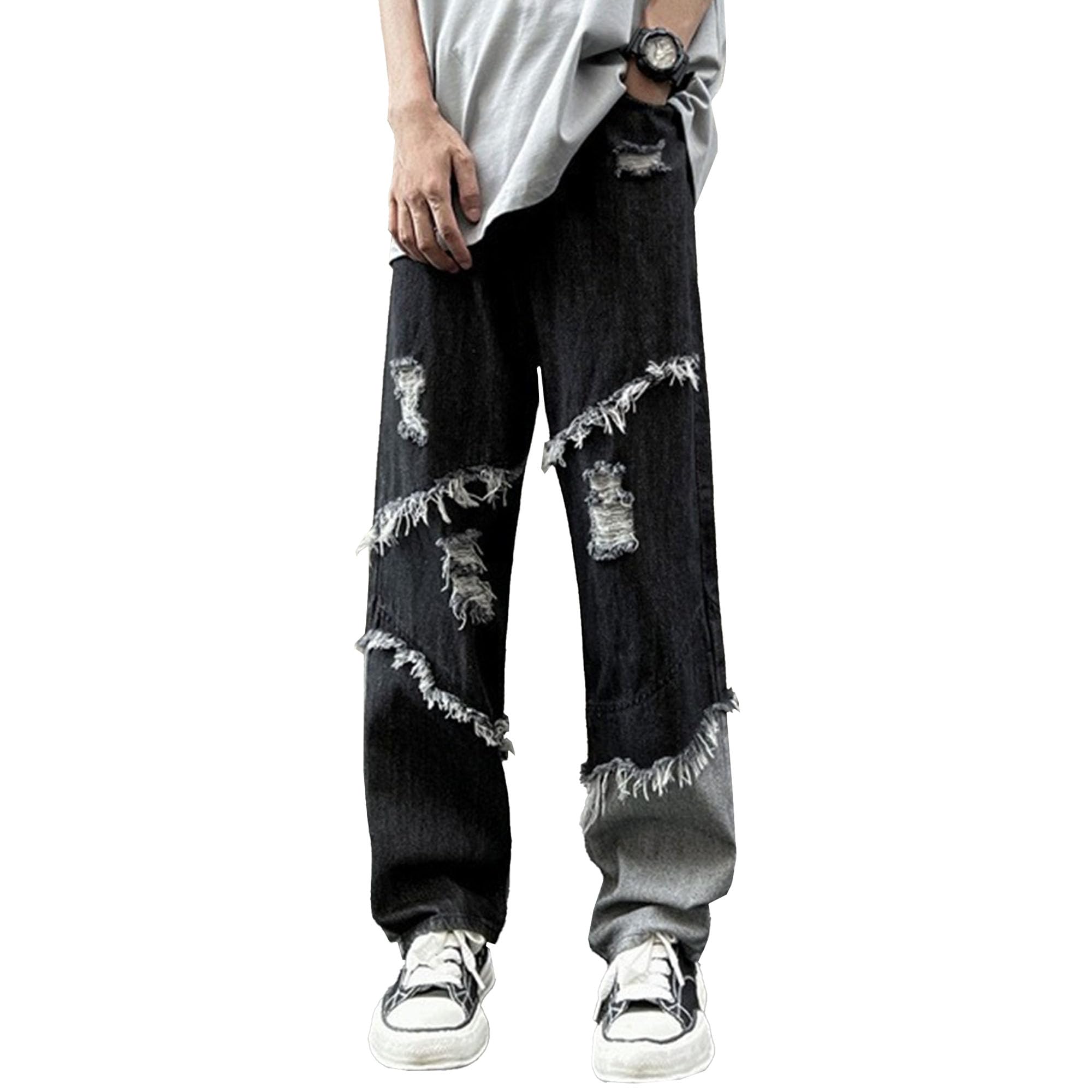 JEShifangjiusu Mens Loose Ripped Jeans with Pocket Patchwork Straight Leg Denim Pants Y2K Baggy Hip Hop Jean Pant