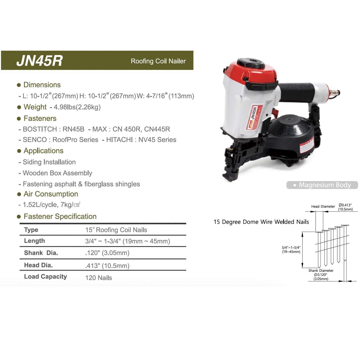 JITOOL JN45R - Roofing Coil Nailer 3/4