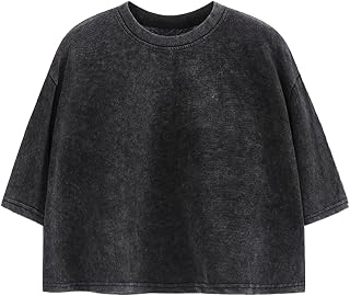 Cropped T Shirts for Women Vintage Baggy Solid Color Basic Tees Acid Wash Cotton Tshirt Black Grunge Crop Tops