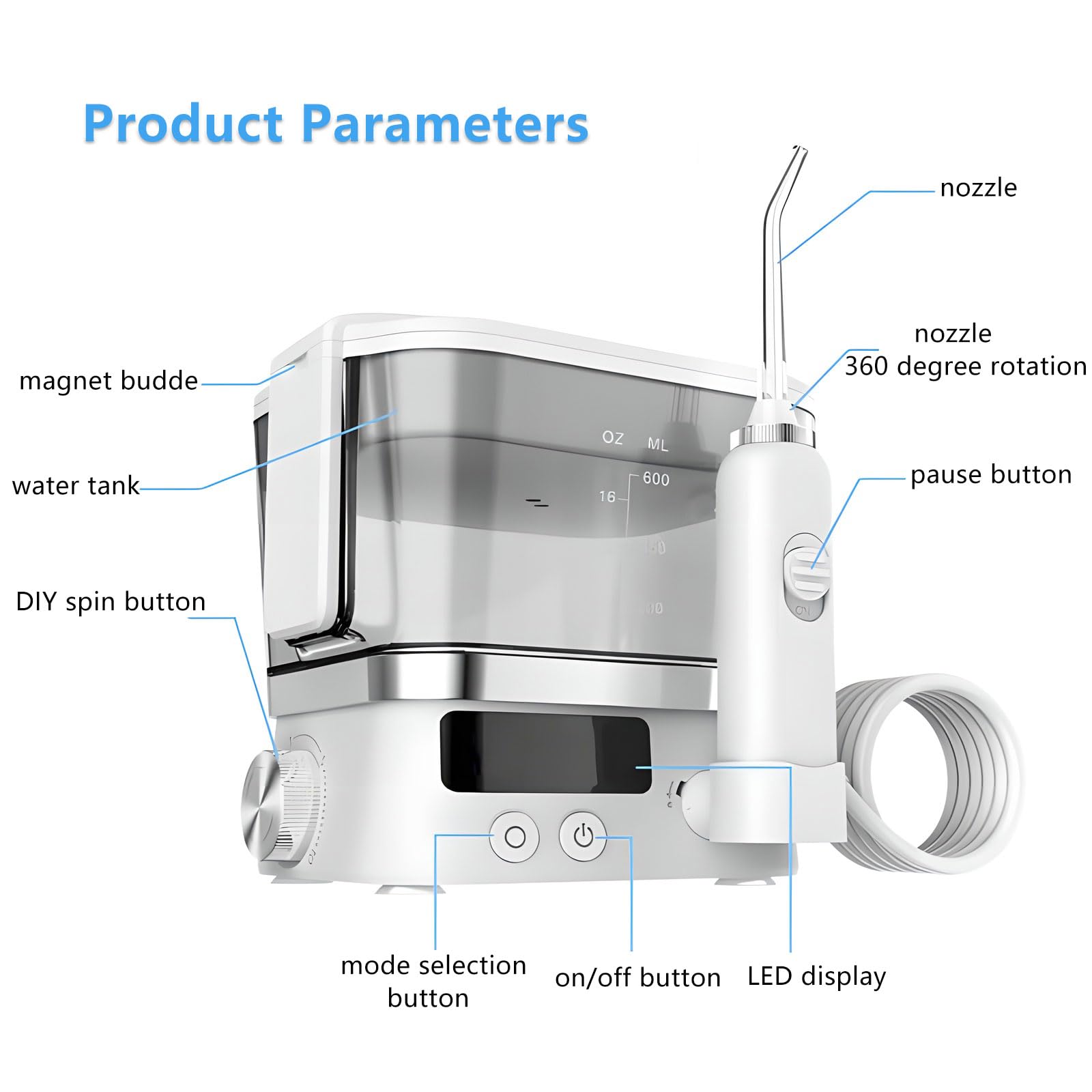Irrigador bucal eléctrico de 600 ml, ajuste de presión en 10 niveles y boquilla giratoria de 360°, pantalla LED con múltiples modos, incluye 2 boquillas para el cuidado bucal
