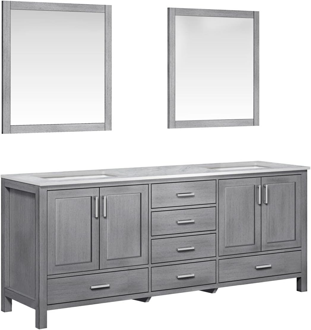 Jacques 80 in. W x 22 in. D Distressed Grey Double Bath Vanity, Carrara Marble Top and 30 in. Mirrors
