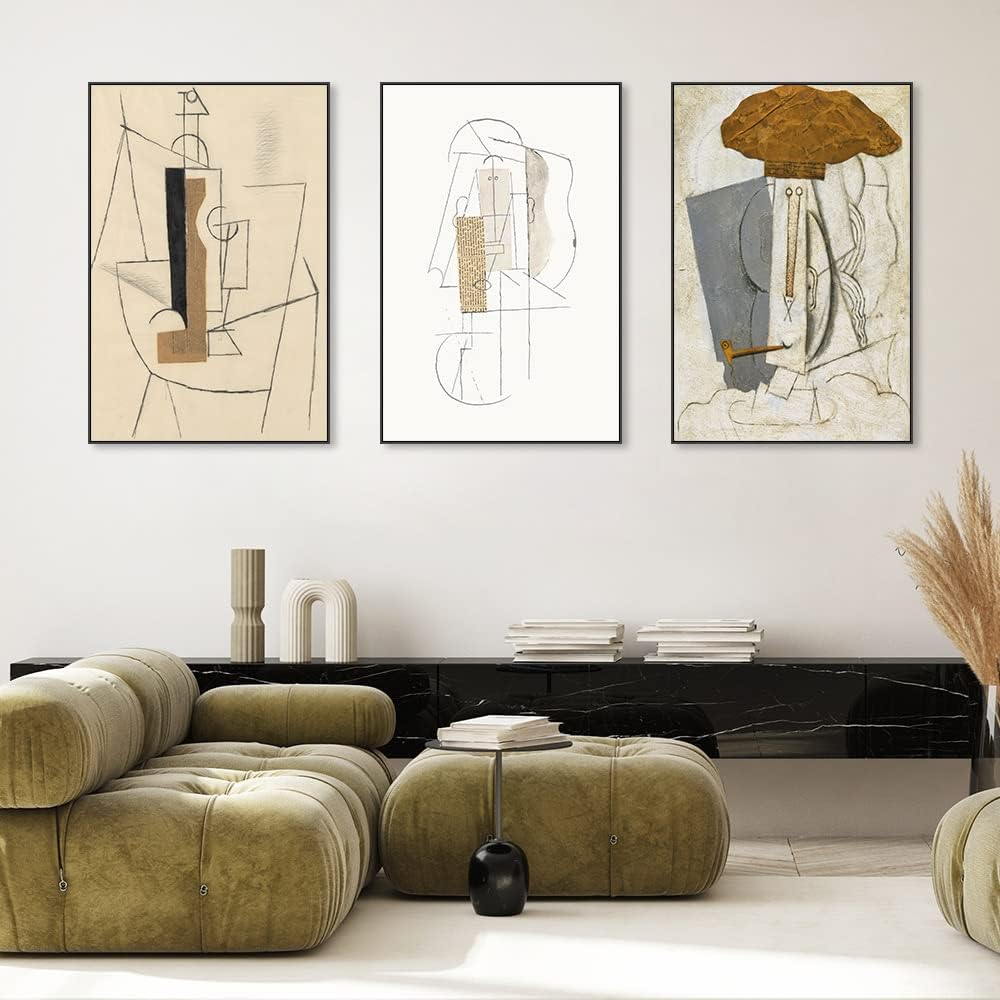 FCHUI Modern Aesthetic Decor 24 x 32 Framed Wall Art,Neutral Black, White And Gray Abstract Lines Color Block Canvas Posters  Prints, Home Wall Decor Natural Living Room Bedroom Bathroom