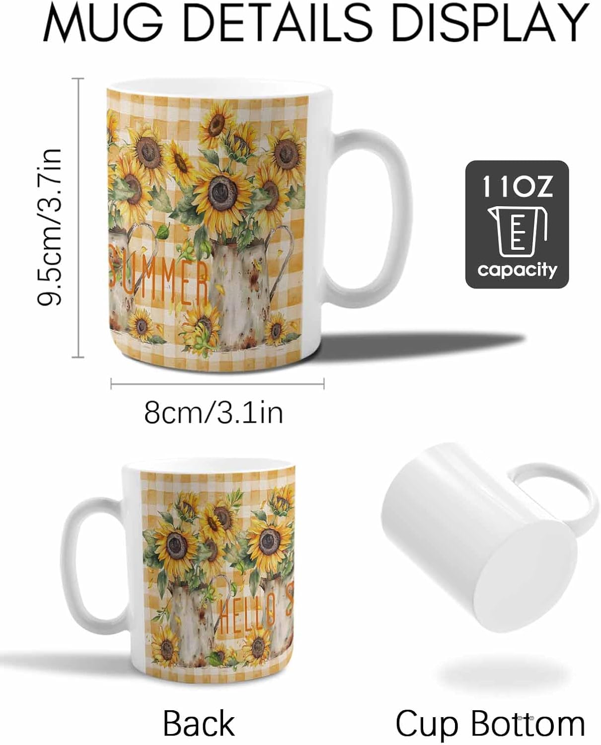 BEMIGO Ceramic Coffee Mug Farmhouse Sunflower Plaid Ceramic Mug White Cup, Fall Summer Insulated Coffee Cup with Handle with Pattern Perfect for Tea and Hot Beverages, 12oz