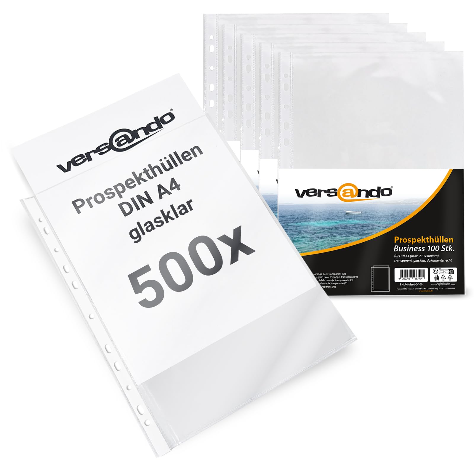 versando 500 fundas para folletos A4 con borde de grapado, transparentes, | 60 my (5 x 100 unidades)