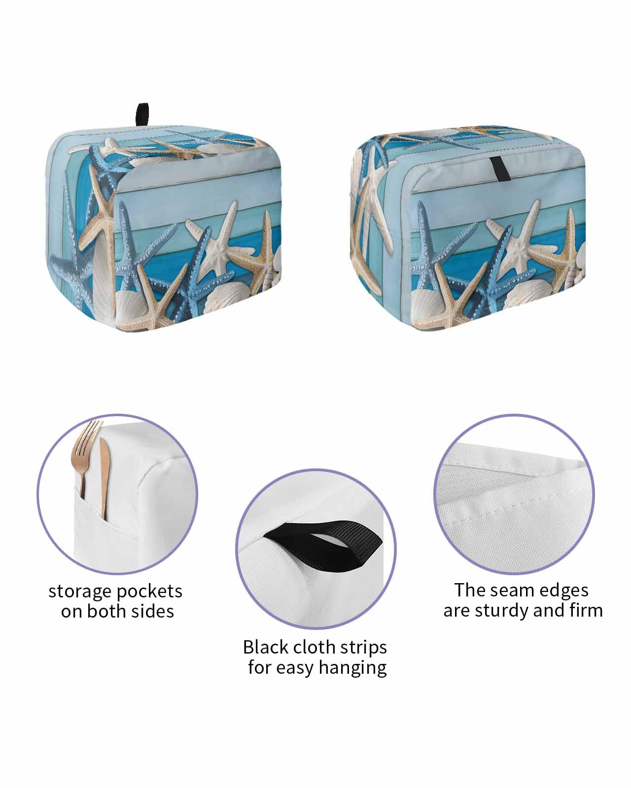 Coastal Starfish Toaster Cover 2 Slice, Summer Nautical Seshells Country Dustproof Bread Machine Oven Cover with Storage Pockets, Fits Most Kitchen Toasters Protector