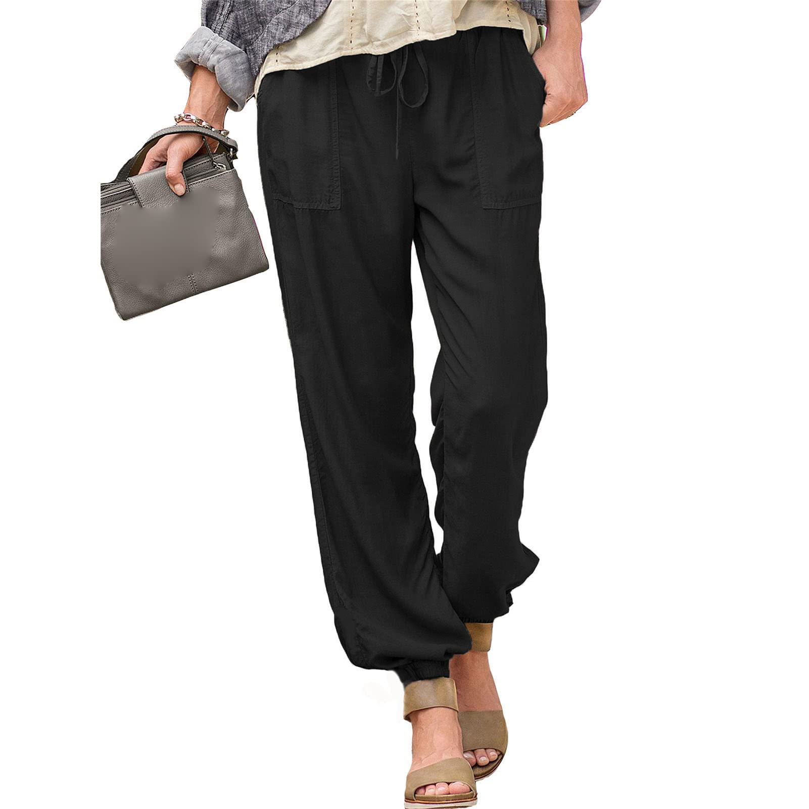 DGHM-JLMY Womens Casual High Waisted Pencil Pants Bind Feet with Pockets Trousers Drawstring Elastic Waist Comfortable