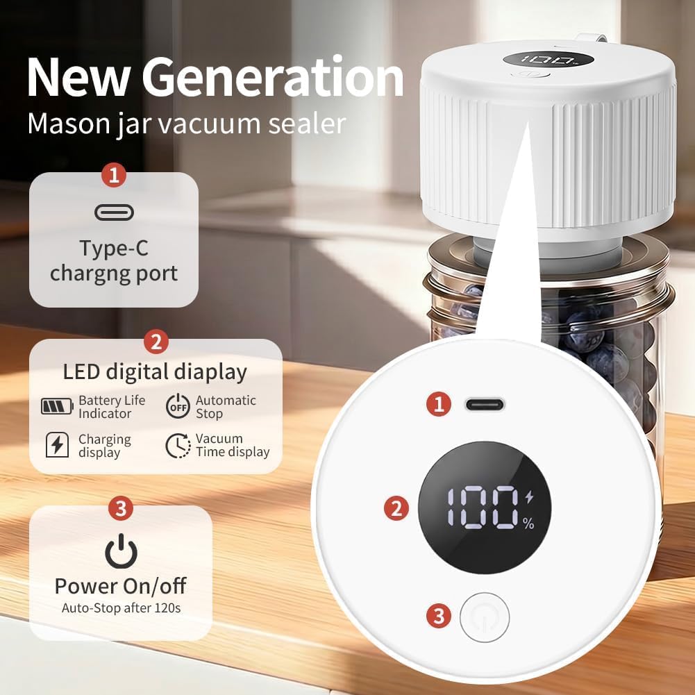 Vakuumierer für Gläser, Elektrischer Vakuumierer mit LCD Anzeige, Mini Tragbarer Mason Jar Vakuum Sealer Kabellos mit Weithals und Standardöffnung sowie für Vakuumbeutel, Weiß