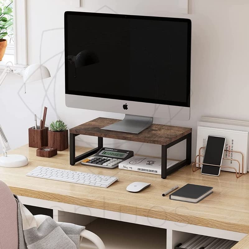 Shopping Mall-Wood Dual Monitor Stand Riser with Adjustable Length Multi Media Speaker TV PC Laptop Computer Screen Stand Riser Desktop Stand Storage Organizer for Walnut Wooden Top