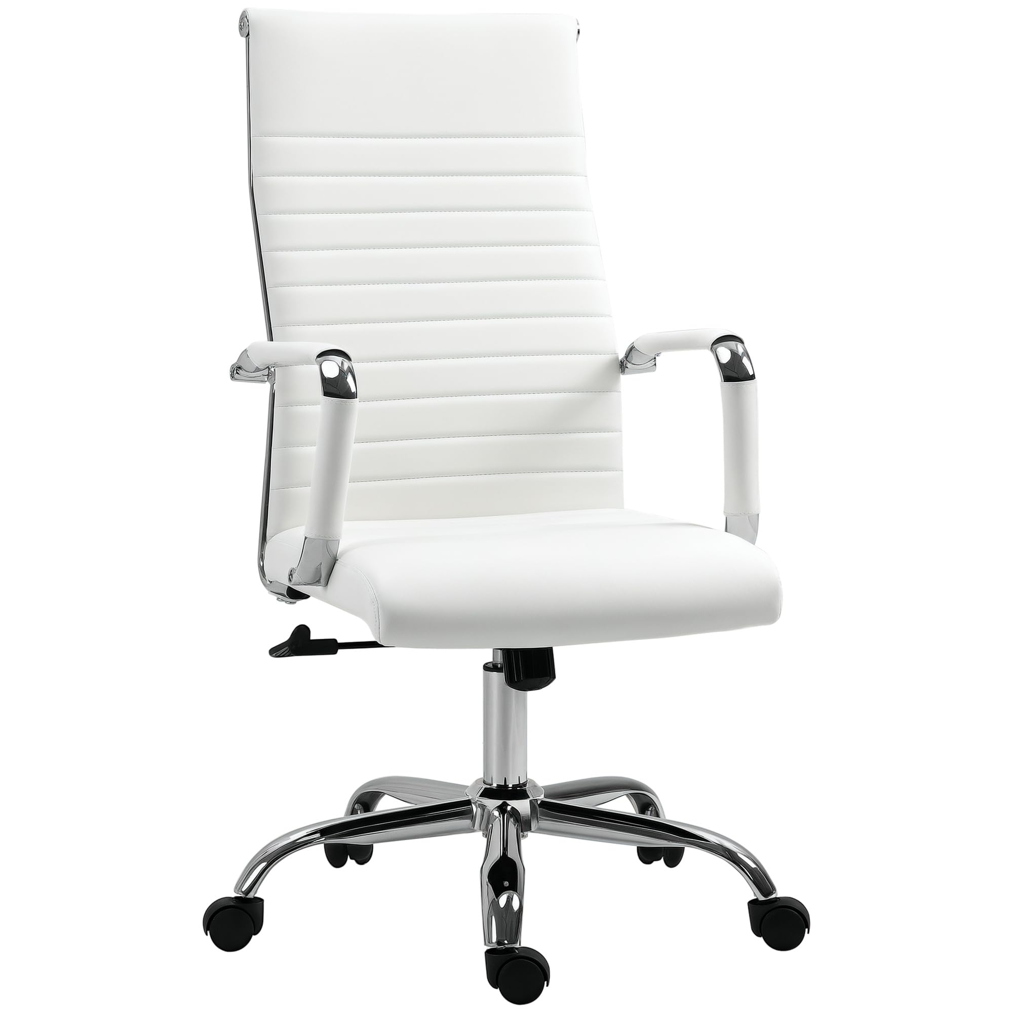 Vinsetto Silla de Escritorio Giratoria Silla de Oficina con Respaldo Alto Ruedas Giratorias Altura Ajustable Función Basculante y Reposabrazos Tapizado en Cuero Sintético Blanco
