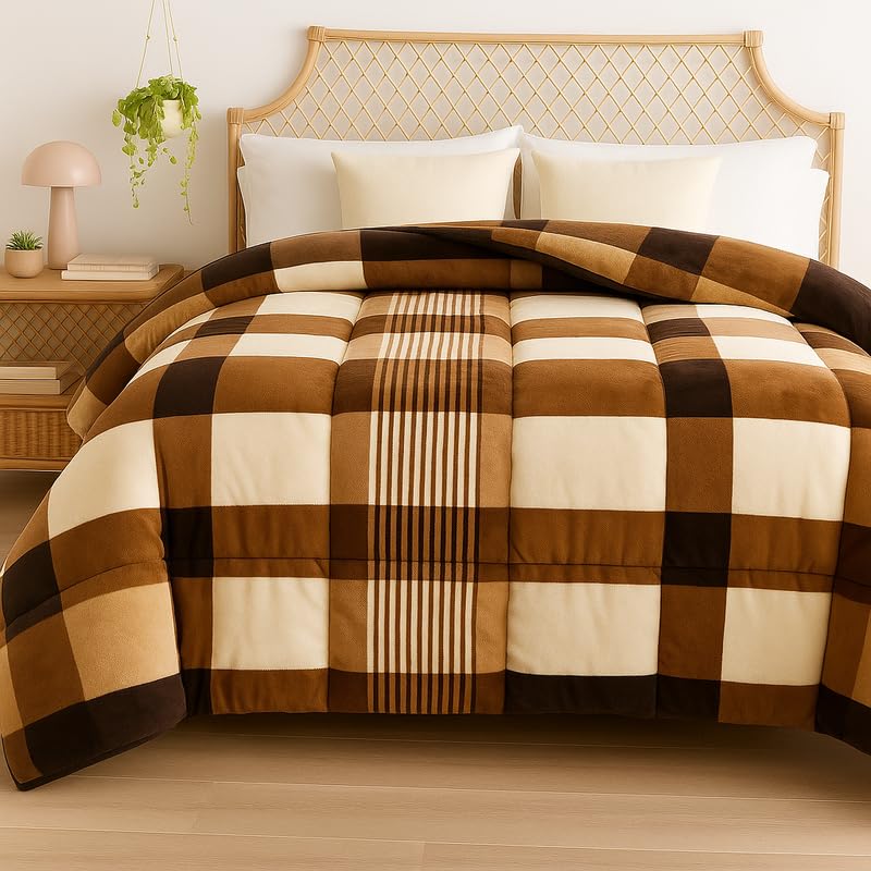 BSB HOME 3 Layered Heavy Winter Quilt | Rajai – 600 GSM Thick & Fluffy Comforter, Ultra Warm Double Bed Blanket for Extreme Cold Weather Weight 3 kg, Pattren - Quilted Cheks, Colour - Brown & Beige-image-24