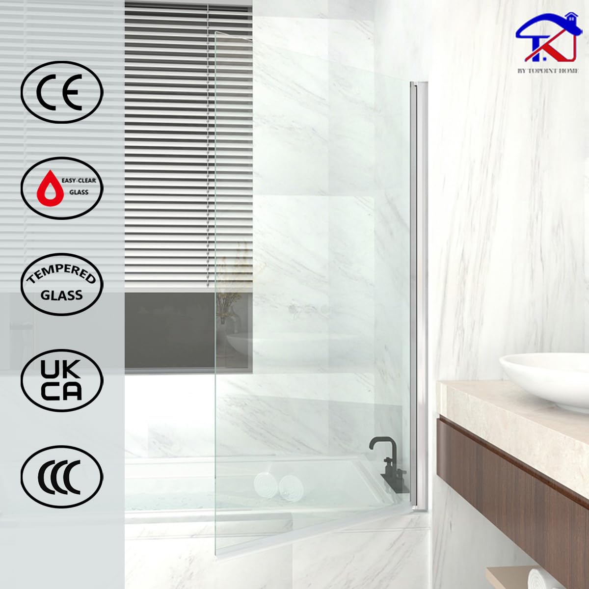 T&K - Pared de ducha para bañera (80 x 140 cm, cromada, pared de bañera plegable, bordes cuadrados, vidrio de seguridad templado de 5 mm, fácil de limpiar en ambos lados, pantalla de ducha