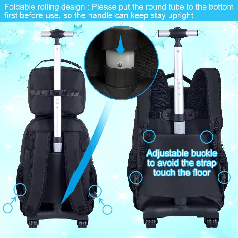 3PCS Rolling Backpack for Girls and Boys, Black School Backpacks with Wheels, Water Resistant Roller Wheeled Bookbag Set for Women Men - Image 2