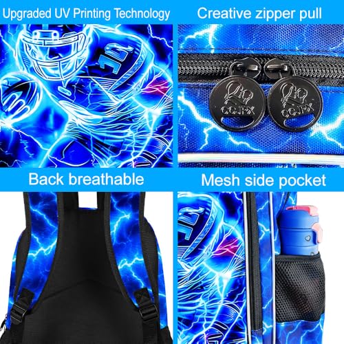 Image of 17 inch Football Backpack for School, Kids Boys Lightning Bookbag with Lunch Box, 3Pcs Backpacks for Elementary Preschool Kindergarten (Blue)