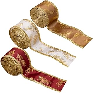 クリスマスリボン ワイヤー入りリボン 冬休み用 幅広 布製 ギフトラッピング用 結婚式・クリスマス装飾 3巻セット