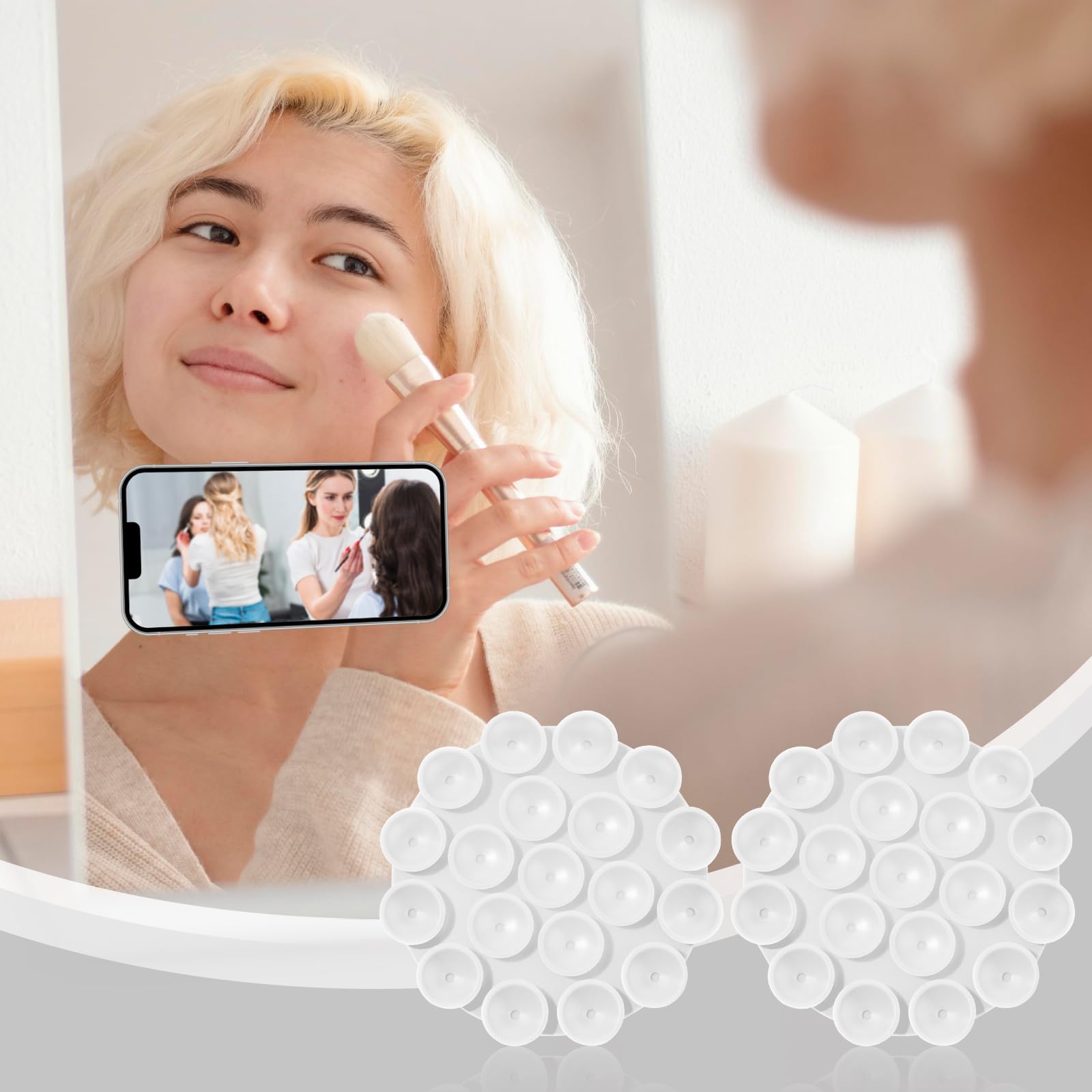 GEEHUA Lot De 2 Supports Ventouse Telephone Portable Double Face Silicone À Ventouses, Ventouse Telephone Autocollants Miroir De Douche Mains Libres Antidérapant Pour Vidéos Selfies (Blanc