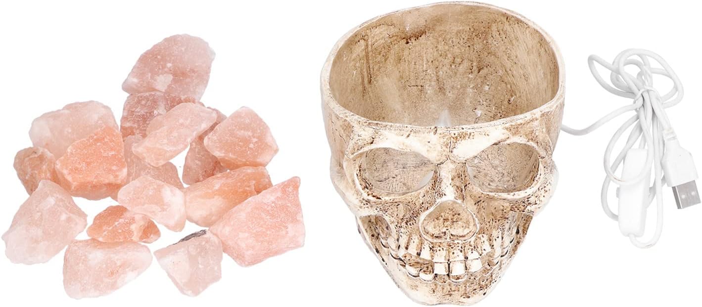 Crystal Salt Lamp with Stepless Dimming, Skull Shape LED Night Light, Decorative Salt Rock Lamp for Bedroom Meditation, USB Powered Air Purifying Mood Light