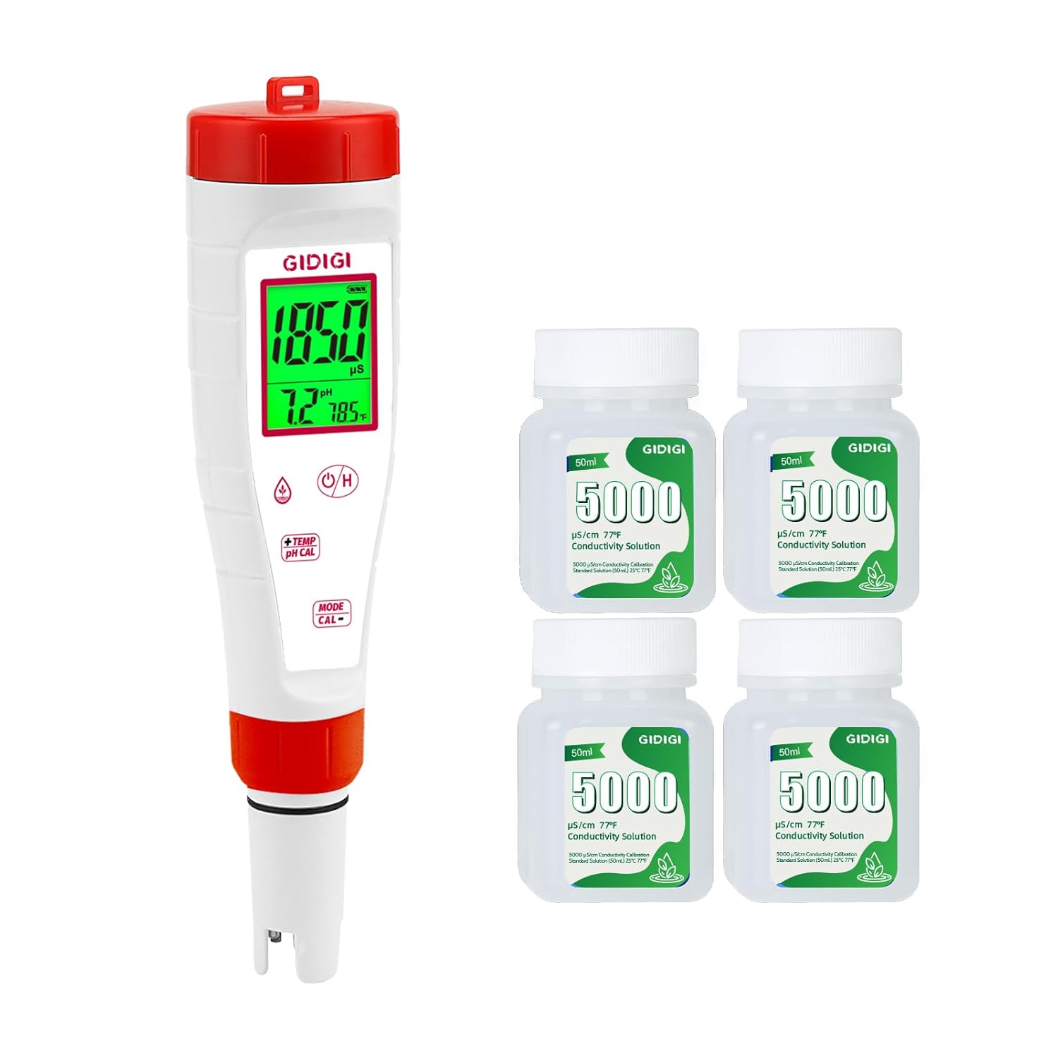 pH Tester,Digital pH Meter for Water,New Version TDS Meter for Drinking Water with Backlit Simultaneously Display 4 in 1 TDS pH EC Meter and 4 * 50ml 5000μS/cm Calibration Solution