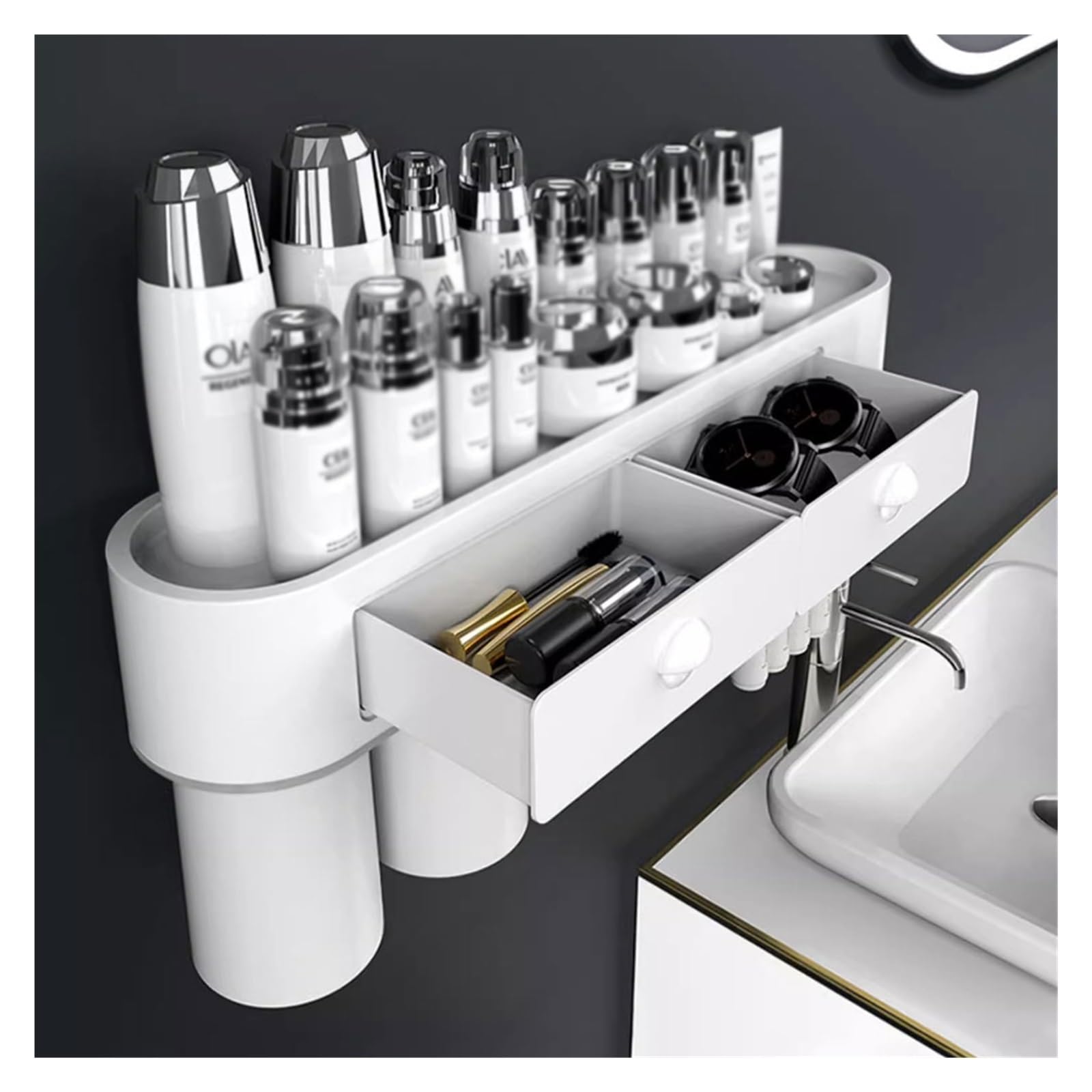 Soporte para cepillos de Dientes con cajón, Soporte magnético para cepillos de Dientes montado en la Pared, Organizador de Almacenamiento para baño con Taza (A S32cm)