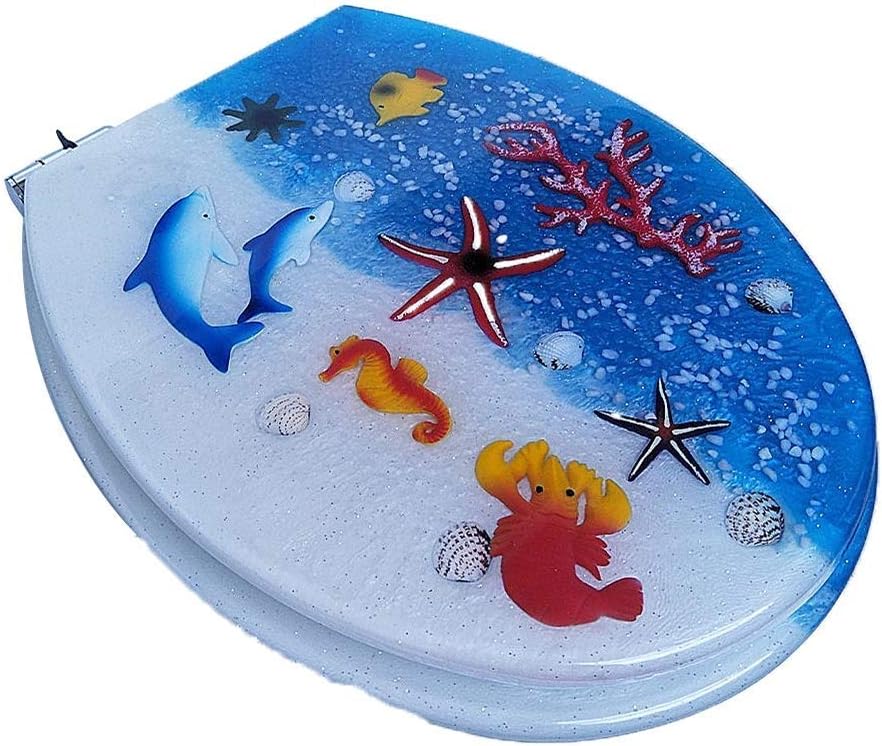 Ocean Series Art Close Resin Toilet Seat with Cover, 3D Effects Heavy Duty Lid with Dolphin, Starfish, Real Seashells and Sands