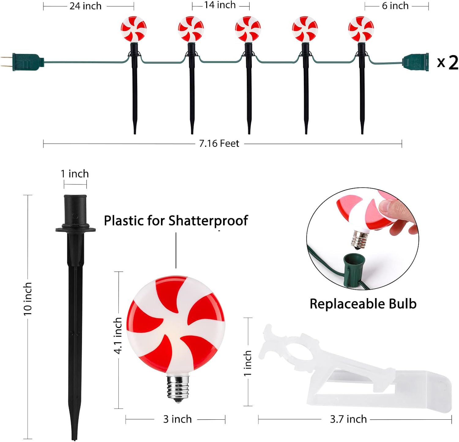 Christmas Pathway Lights Outdoor , 7.2 ft Lollipop Pathway Markers with Stakes and Clips, Connectable Holiday Peppermint Path Light for Walkway Garden, 2 Pack, 10 Lights, Warm White