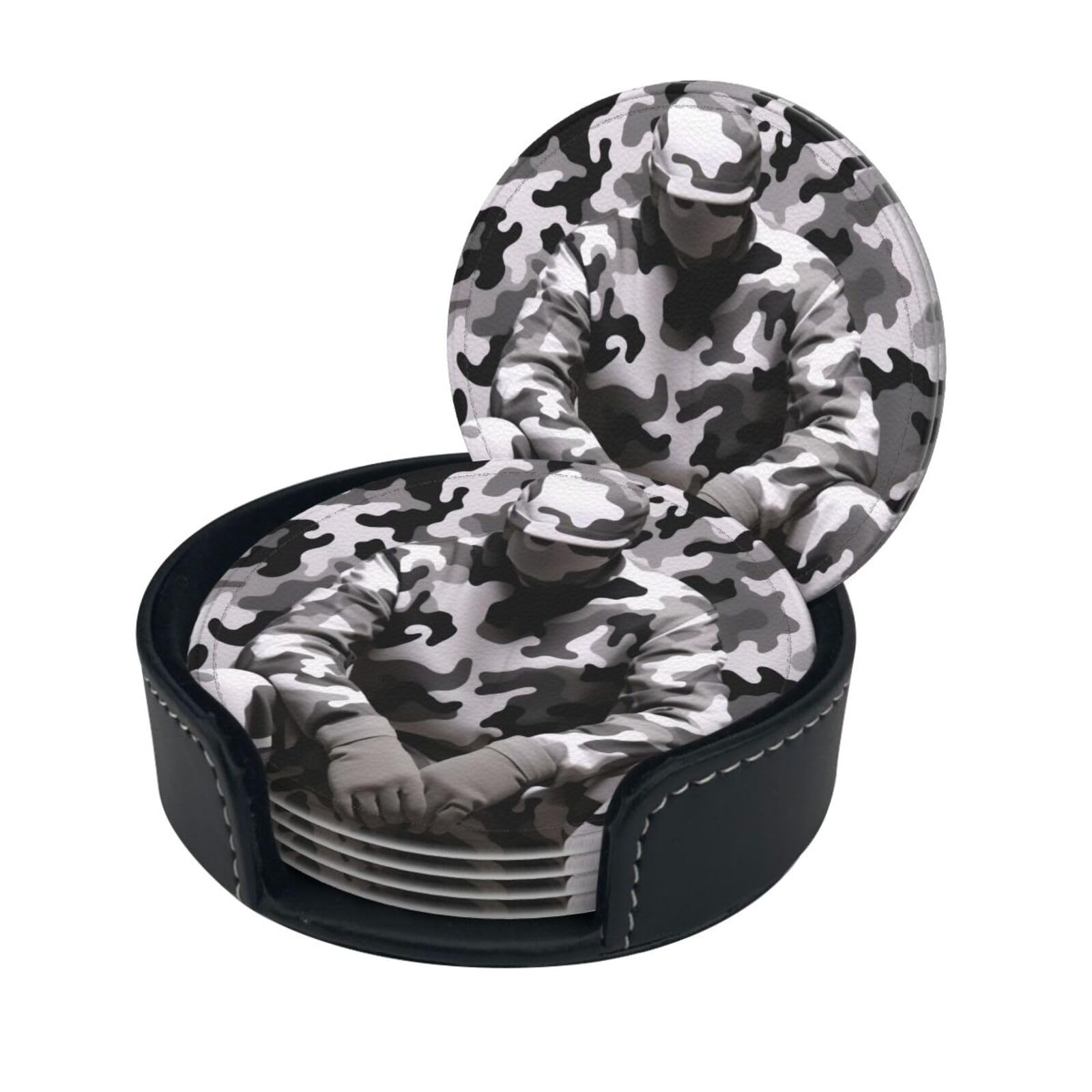 Smazdfxx Women's As Pic Stylish Coasters - Black Grey White Camo Set Of 6 Round Leather Drink Coasters With Holder - Perfect Size For Cups And Glasses