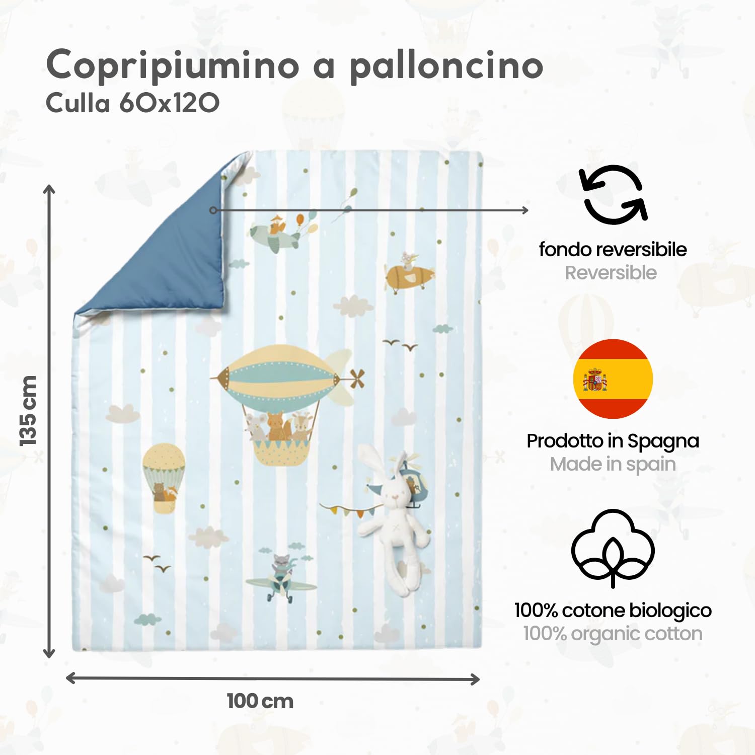 Copripiumino reversibile 100% cotone biologico per culla 60x120 cm, previene le allergie, coperta decorativa per la camera da letto, ultra morbido, collezione Premium, Industry Spagna (Palloncini)