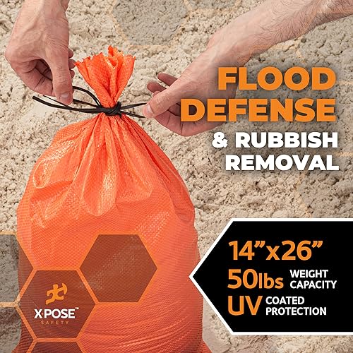 Image of Xpose Safety Heavy Duty Sand Bags with Tie Strings - Empty Woven Polypropylene Sandbags for Hurricane Flood Protection, 50 lb Capacity, 14 inch x 26 inch, Orange, Pack of 500