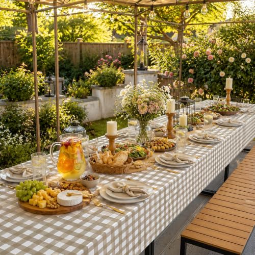 Image of Kesfey Khaki Gingham Tablecloth Fall Brown Checkered Table Cover 3 Packs | 54 x 108 Inches,Khaki Plastic Plaid Tablecloth,Waterproof Rectangle, Disposable Khaki and White Picnic Birthday Table Covers