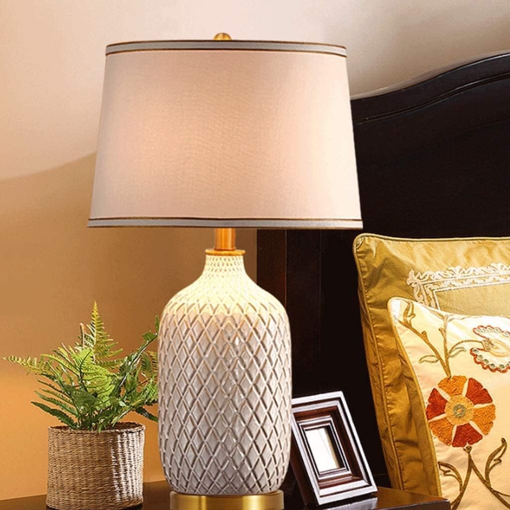Lampada da Tavolo Lampade Luce da Comodino Ceramica Moderna Lampada da Comodino Paralume in Tessuto Scrivania Protezione Occhi (Colore : Interruttore a Pulsante