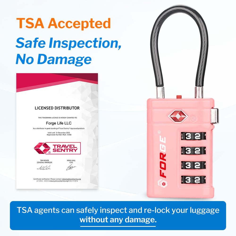 Forge Cadenas de voyage approuvé par la TSA à combinaison à 4 chiffres avec TSA008, indicateur d'alerte ouvert, corps en alliage de zinc pour bagages, valise, sac à dos, et plus encore. 4 couleurs, 4