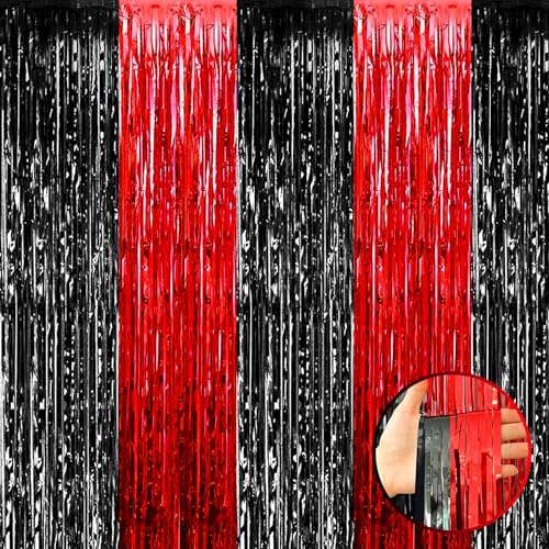 Image of 4 Pack Foil Fringe Curtain Backdrop, 3.28Ft x 8.2Ft Metallic Tinsel Foil Fringe Streamers for Photo Booth, Wedding, Casino Viva Las Vegas Game Night Birthday Party Decoration (Black Red)