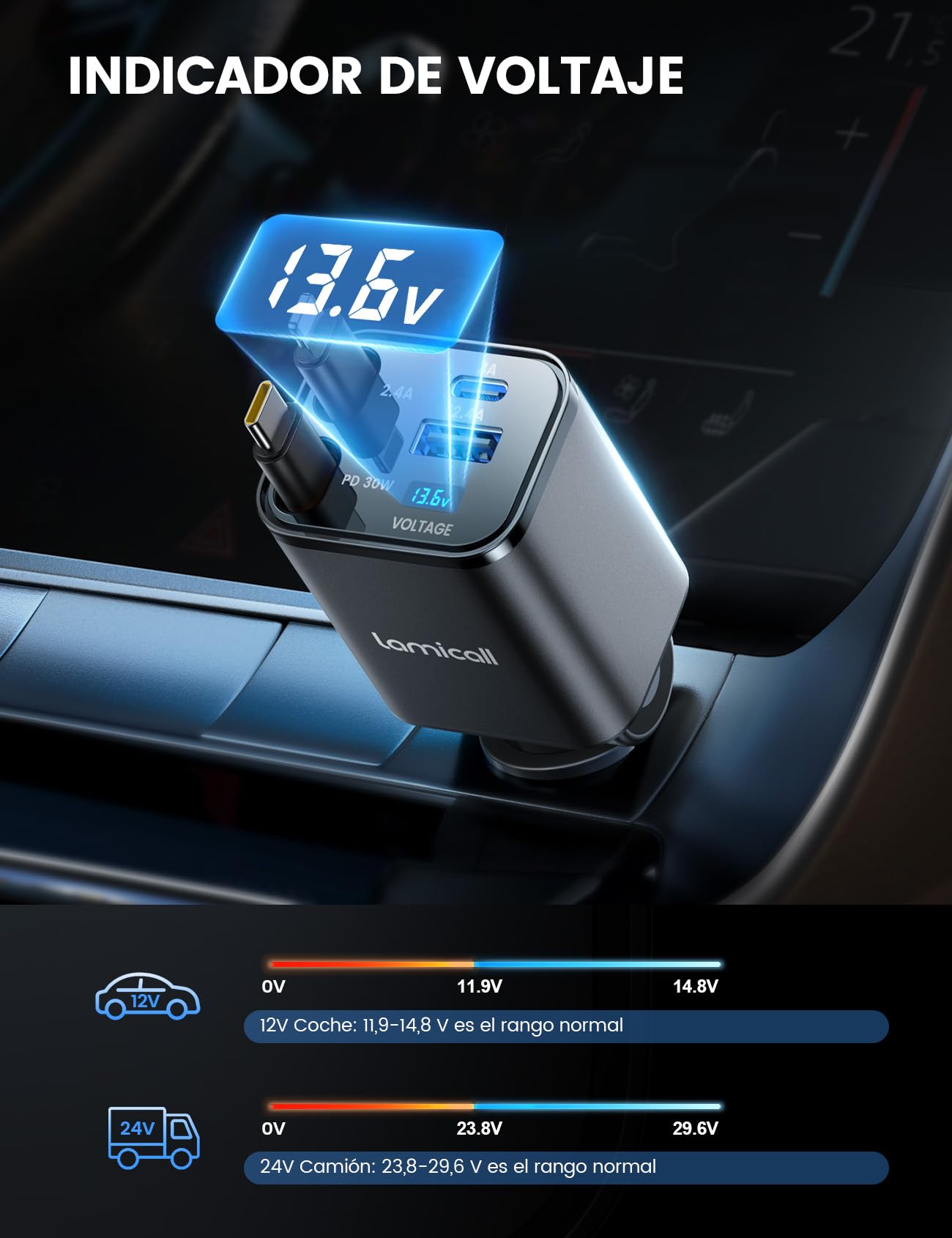 Lamicall 4 EN 1 Cargador Coche USB C, 69W Cargador Mechero Coche - [Compacto & Indicador de Voltaje] 180° Plegable Adaptador Móvil Coche con 2 Cables Retráctiles y Puerto USB-C/A, para iPhone/Samsung