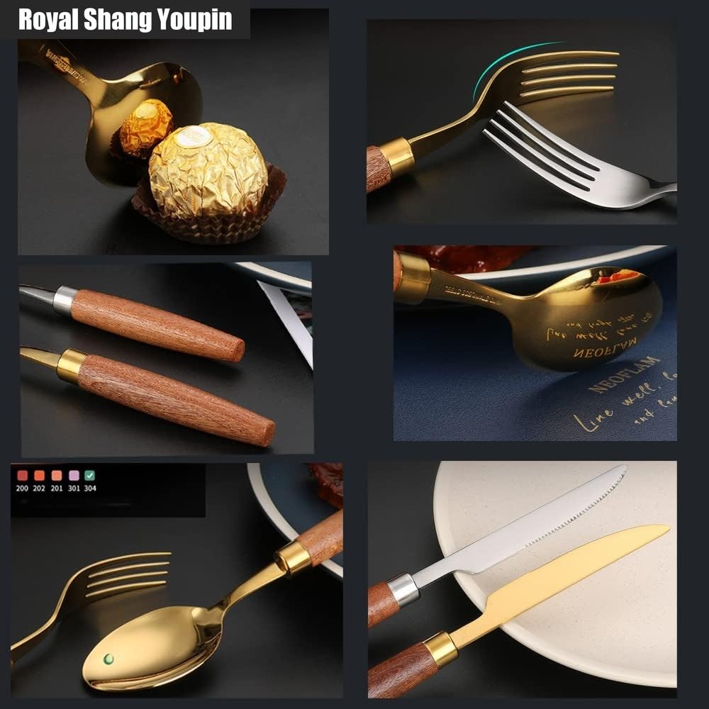 Unico Manico in Legno Da Cucina in Acciaio Inox Posate Posate Posate Set Coltello Da Bistecca Forchetta Cucchiaio Cucchiaino (Oro,16 pezzi)