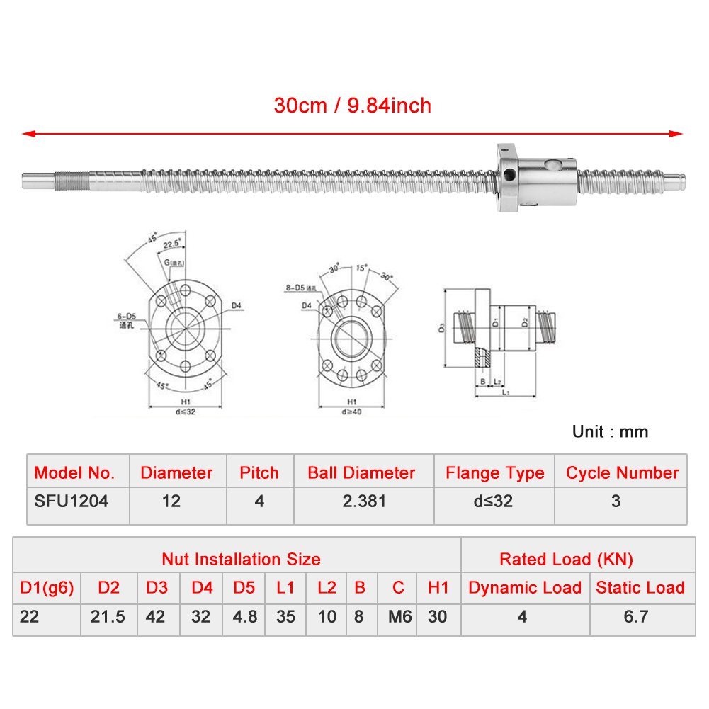 Tornillo De Bola Enrollado SFU1204 Ballnut Anti-Backlash Longitud 300 Mm Diametro 12 Mm Para Maquinas CNC Y Automatizacion Industrial