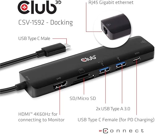 Miniatura 4 de Club 3D Estación de acoplamiento portátil USB tipo C 3.2 Gen 1, 7 en 1 con HDMI HDR 4k 60Hz, Ethernet, tarjeta SD TF, entrega de energía 3.0. 2X USB