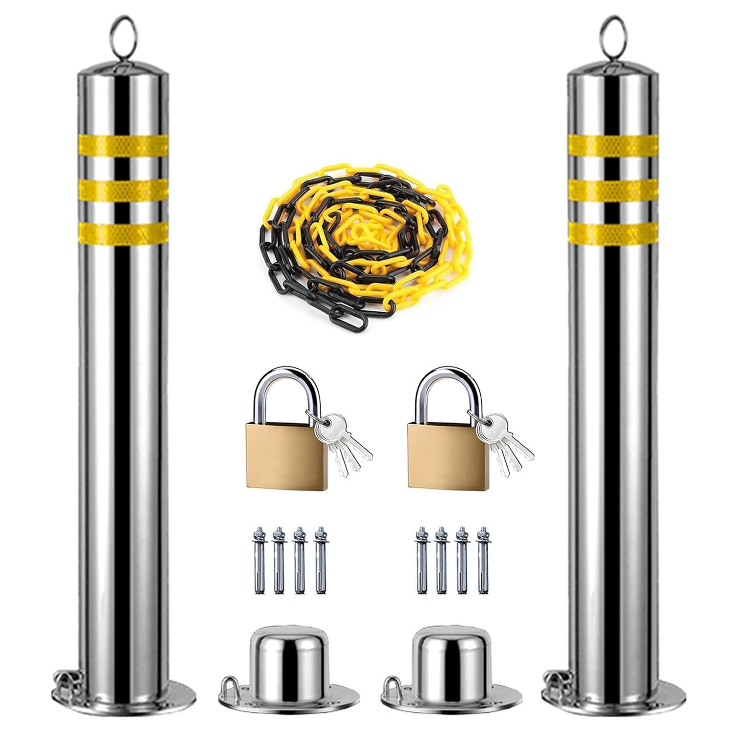 Barriere di Protezione per Parcheggio, 2 Pezzi, Blocco per Posto Auto, Dissuasore in Acciaio Inox, Palo di Sicurezza Mobile Riflettente, con Lucchetti E Catena da 5